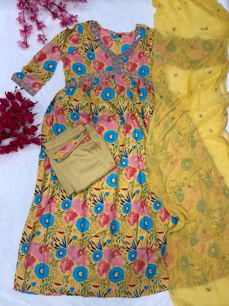 Yellow Floral Alia Cut Kurti With Pant And Dupatta Catalogue